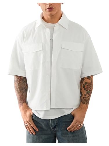 SHENHE Men's Short Sleeve Button Up Shirt Loose Fit Summer Casual Unisex Shirt with Pockets