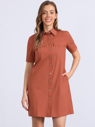 Image of Allegra K Women's Safari Dress Collared Short Sleeve Cotton Belted Button Down Shirt Dresses