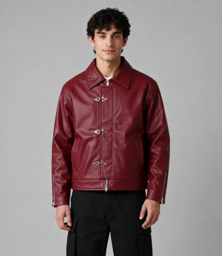 Image of Men Burgundy Faux Leather Oversized Jacket with Metal Clasp Fireman Buckle
