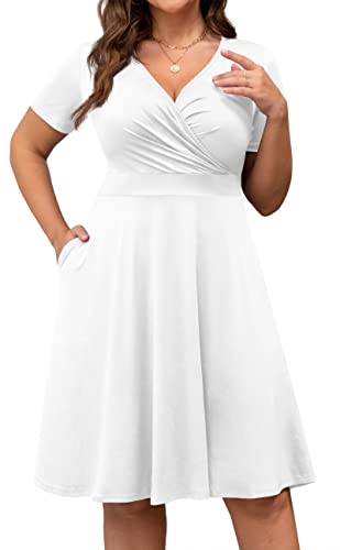 Image of POSESHE Womens Plus Size Dresses Summer Short Sleeve Wrap V-Neck Sundress Casual Wedding Guest Cocktail Dress with Pockets