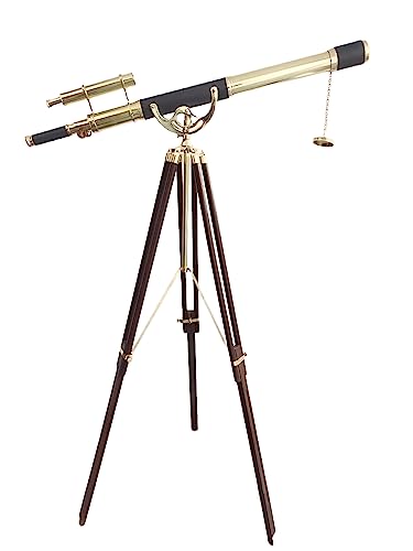 Nautical Shiny Brass Double Barrel Telescope Black Leather High Magnification Tube Telescope Floor Standing Tripod Stand Functioning Masterpiece Premium Version