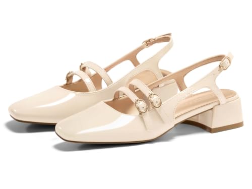 Image of Coutgo Women's Mary Jane Chunky Low Heels Slingback Pumps Closed Square Toe Wedding Dress Shoes