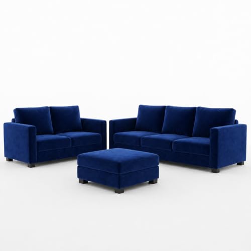 Image of FURNY Haster 3 Seater + 2 Seater Fabric Sofa Set with 1 Ottoman (Dark Blue) with Velvet Finish | Durable Comfort | Ideal for Living Room