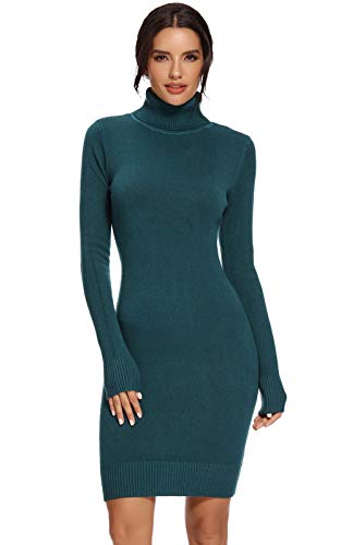 AVACOO Damen Kleider Strick Pulloverkleid Elegant Strickkleid Rollkragen Langarm Tunika Kleid Midikleid Türkis XL 42