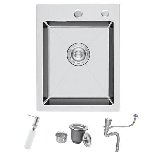 Fregadero Cocina 1 Seno, Fregadero Acero Inoxidable Cepillada 35 x 45 cm con Desbordamiento,Sifón, Dispensador de Jabón, Fregadero Pequeño con 2 Orificios para Grifo, Sobre Encimera o Enrasado