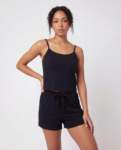 Image of Real Essentials 2 Pack: Women's Ribbed Cropped Cami and Short Set Pajama Sleep Lounge Sleepwear PJ Soft Drawstring Shorts