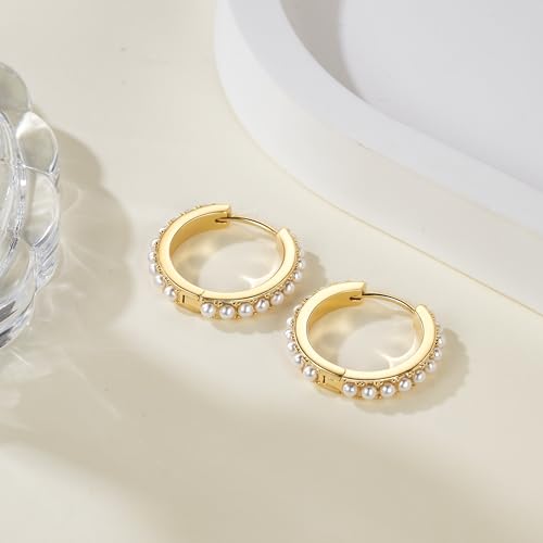 Pearl Earrings for Women 14K Gold Pearl Hoop Earrings for Women Small Gold Pearl Earrings Dainty Pearl Earrings Elegance Gold Pearl Huggie Hoop Earrings 13 MM/18 MM4