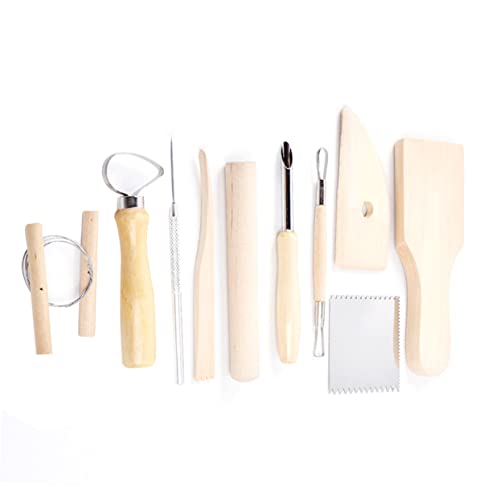 SEWACC 10pcs Clay Craft Tool with Wood Handle Durable Stainless Steel Accessories for Clay Shaping Sculpting and Doll Making