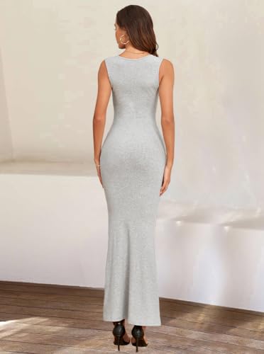 Image of oten Square Neck Dress for Women Semi Formal Short Sleeve Tight Ribbed Fitted Long Bodycon Maxi Dresses Light-Grey M
