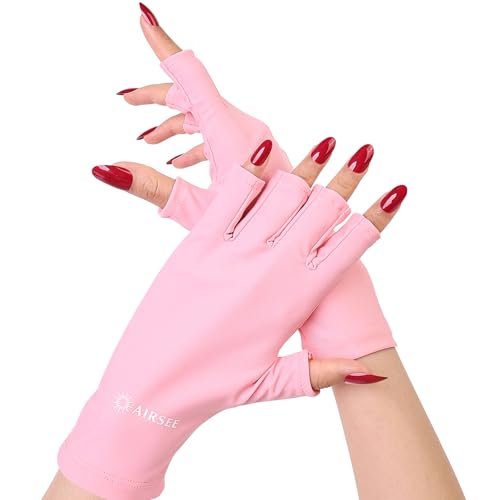 AIRSEE Premium UPF 50+ UV Protection Gloves for Gel Manicures - Fingerless Design for Professional Solon & Home Use, Anti UVA/UVB, Breathable Cool Tech Gloves for UV Lamp & Sun Protection (Pink)