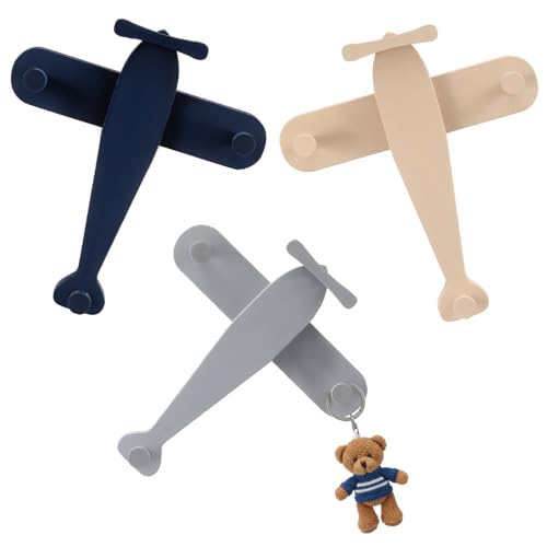 Image of AceOrbit 3 Pack Airplane Shaped Wall Coat Hooks Nursery Decor Wooden Airplane Decorative Cute Coat Rack Wall Mount Aviation Decor for Bedroom Living Room Office Entryway Door Nursery