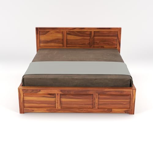 Image of Sheesham Wood King Size Bed with Storage Box | Wooden Box Bed King Size Double Cot Bed with Storage for Bedroom | Premium 3 Dalla Design Headboard Bed for Hotel, Home | Honey Finish