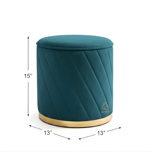 Image of Premium Velvet Ottoman Stool | Modern Round Pouffe with Gold Base | Multipurpose Seating | Living Room & Bedroom Decor (Aqua Set of 2)