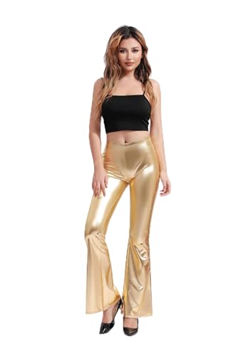 Calças de sino para mulher, cintura alta brilhante, metalizadas, anos 80, leggings longas largas para dança, dança desporto e carnaval, Dourado