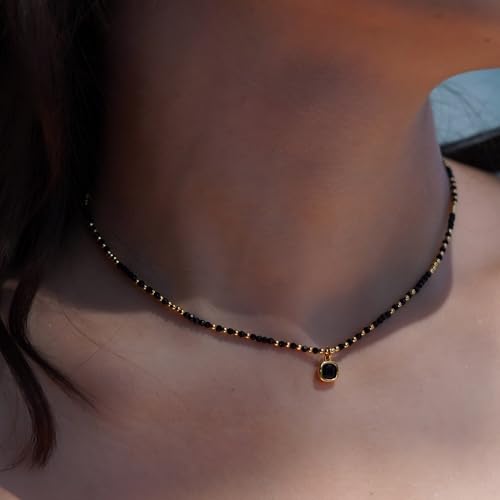 Black Crystal Pendant Necklace 18k Gold Plated Beaded with Gemstones Chain Necklace for Women 17.7" Choker Tennis Necklace Elegant Jewellery Trendy Gift for Girlfriend Mother2