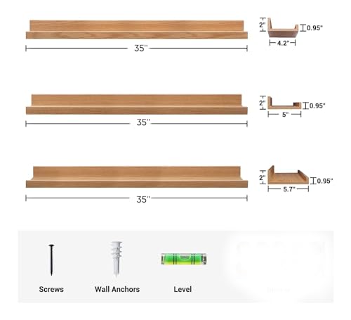 Image of Wooden Floating Wall Shelves Set of 3 for Living Room & Bedroom | Modern Wall Mounted Display Rack for Decor, Photo Frames, Plants & Storage (Natural, 35 Inch)