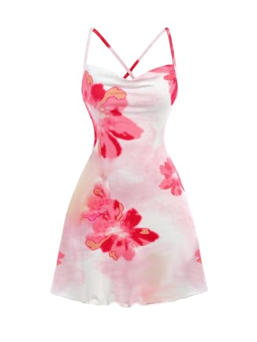 Girl's Floral Short Dress Y2k Ruched Criss Cross Backless Summer Vacation Dresses