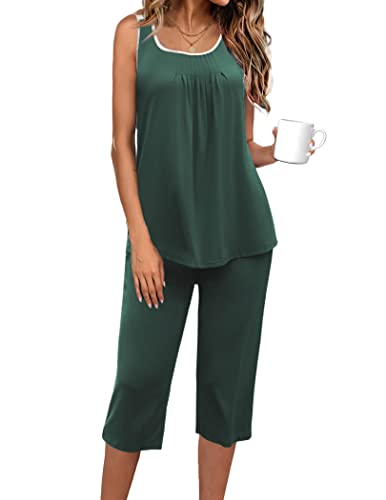 Ekouaer Women's Sleepwear Cotton Pleated Sleeveless Tank Tops Loungewear Set O Neck Capri Pajama Set Dark Green S #TOP6