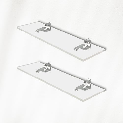 Clear Acrylic Shelves 14.5 inches, 3/4" Thick Transparent Wall Mounted Floating Shelves for Bedroom, Living Room, Bathroom, Kitchen -‎ with Screws and Chrome Finish Brackets, Pack of 2 by Fab Glass and Mirror - Used condition - US$35.71