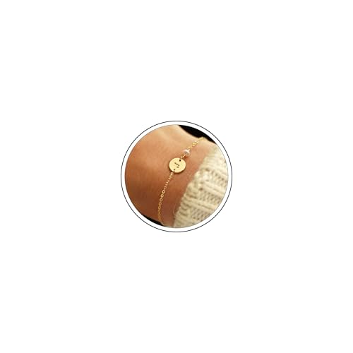Image of Turandoss Gold Initial Bracelets for Women - Personalized Gold Bracelets for Women Teen Girls Initial Pearl Bracelets for Girls Gifts Disc Monogram Bracelets Gold Jewelry for Women Teen Girl Gifts