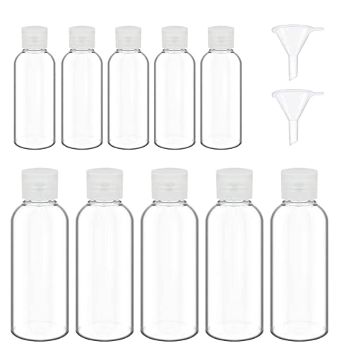 10 Piezas Botellas de Viaje Plásticas Transparentes Flip-Top 2 Embudos - Contenedores Portátiles Rellenables Champús Lociones 50ml+100ml