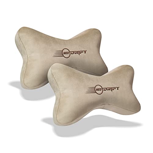 Image of Neodrift 'Neckbone' - Memory Foam Orthopedic Neck Support Car Headrest Velvet Cushion Pillow for Neck, Head, Shoulder Pain-Relief for Car Seat, Gaming Chair, Office Chair (Set of 2) Colour- Beige