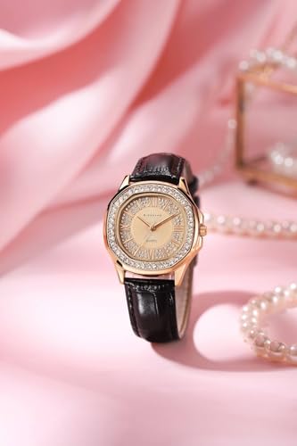 Image of Giordano Luxury Analog Watch for Women with Crystal-Studded Bezel & Leather Strap - Octagonal Case, Elegant Quartz Wristwatch