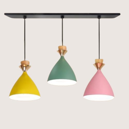 Image of Triple Dome Pink, Yellow, Green Aluminium Hanging Pendant Light Drop, Antique Modern Ceiling Lamp, Bulb is not Included, 3 Light Linear Set