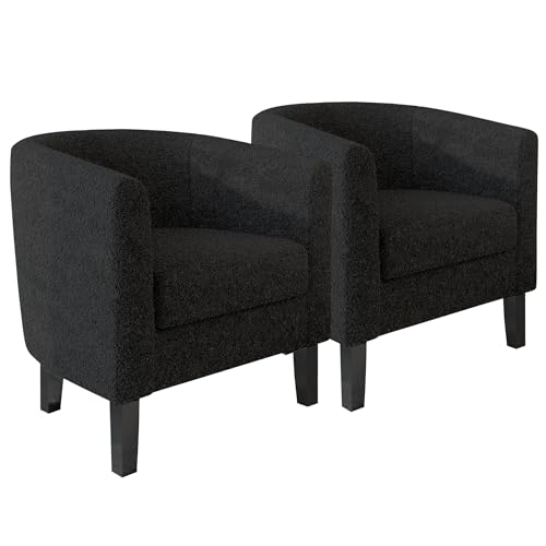 Image of BELLEZE Living Room Chairs Set of 2, Teddy Polyester Accent Barrel Chairs, Club Tub Sofa Chairs for Bedroom, Corner Chairs with Flared Legs and Cozy Soft Padding - Highland (Teddy Black)