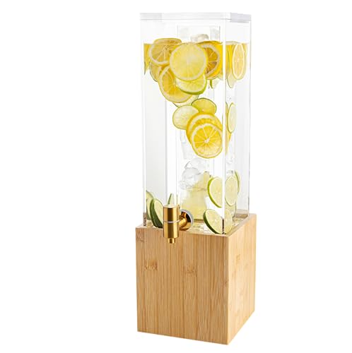 1.25 Gallon Acrylic Beverage Dispenser with Bamboo Stand â€“ Iced Drink Dispenser with Stainless Steel Spigot & Built-in Ice Core