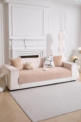 Image of HOMETHREADS Innovative Premium Velvet Sofa Cover Mat with PVC Backing for Non-Slip Comfort | (Beige Vrsh, 2 Seater Small | 70x120cm)