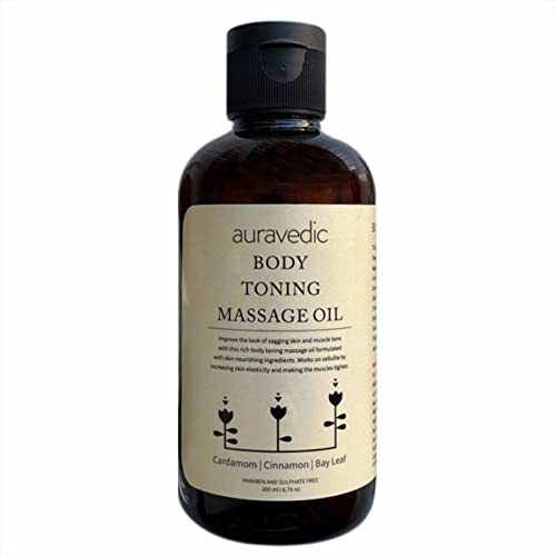Auravedic Body Toning Massage Oil | Ayurvedic Skin Oil for Stretch Mark Scars & Cellulite Removal | with Cardamom Cinnamon & Bay Leaf | 6.76 Fl Oz (200ml)