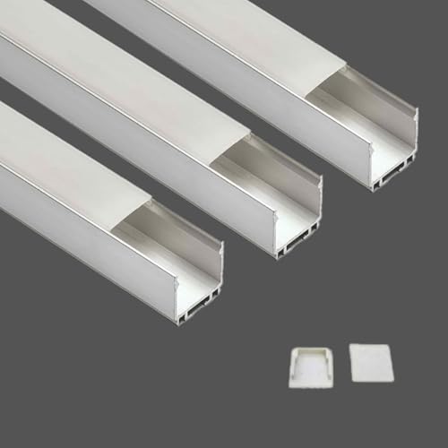 Image of (25x25mm) LED Strip Light 1Meter Aluminium Rectangular Surface Profile Light Channels with Diffused Cover, End Caps and Mounting Clips Without LED Straight Linear - Pack of 3