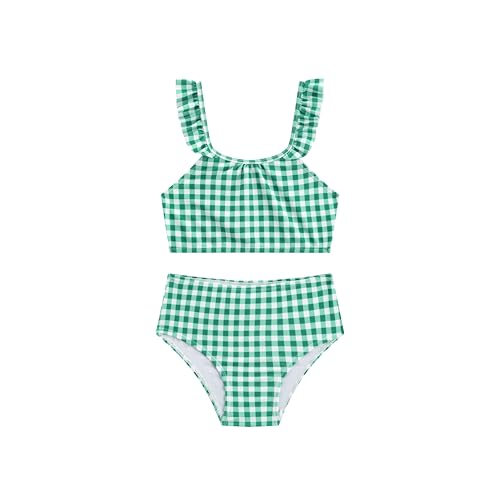 LIZENS Girls Two Piece Swimwear Green Checkered Tankini Set Cute Bathing Suits for Kids