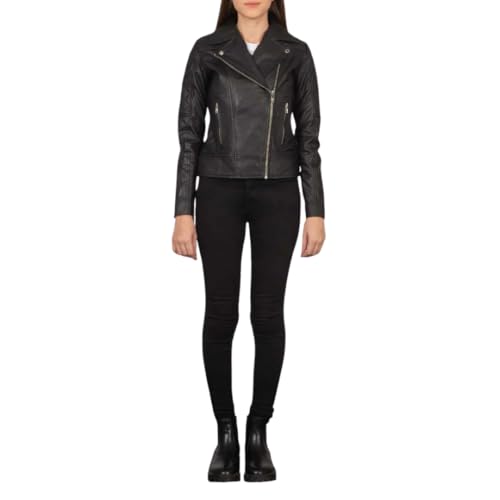 Classic Faux Leather Motorcycle Jacket, Black, Asymmetrical Zip Front, Multiple Pockets, Quilted Details