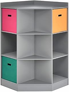 GYMAX 3-Tier Kids Bookcase, Wooden Children Corner Cabinet with 3 Colorful Detachable Drawers, 6 Cubes and 3 Shelves, Toy Storage Sideboard for Playroom Bedroom (Grey)