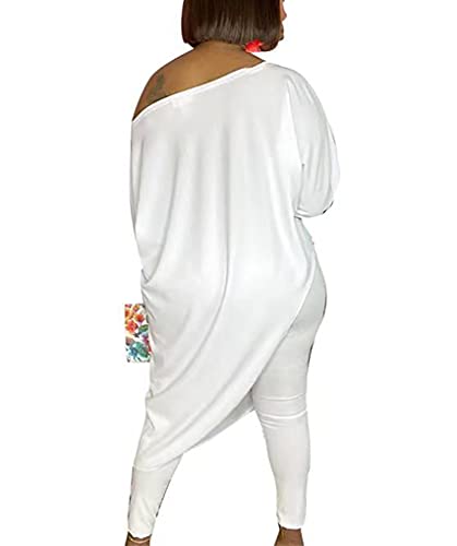 Wokanse Women's Casual Off One Shoulder 2 Piece Jogger Sweatsuit Tracksuit Sets Loose Irregular Pullover Tops Long Pants White 2Xl #TOP1
