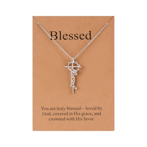 Lcherry Blessed Necklace Blessed Cross Crown Necklace for Women Religious Jewelry Christian Baptisms Gifts
