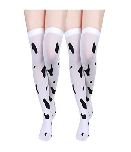 Benefeet Sox Womens Cow Patterned Thigh Highs Stockings Girls Novelty Cute Silk Opaque Nylon Thin Over Knee High Socks Costume Costume Cosplay 2 Pack-Cow