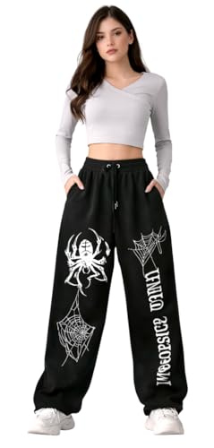 Image of CRAMPLEWomen's Graphic Print Wide Leg Sweatpants, Elastic Waist with Drawstring, Casual Streetwear Joggers