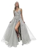 Xijun Women's Lace Glitter Prom Dresses Plus Size Long with Slit Silver Tulle Corset V Neck Ball Gown Spaghetti Straps Shiny Formal Evening Party Dress US22W