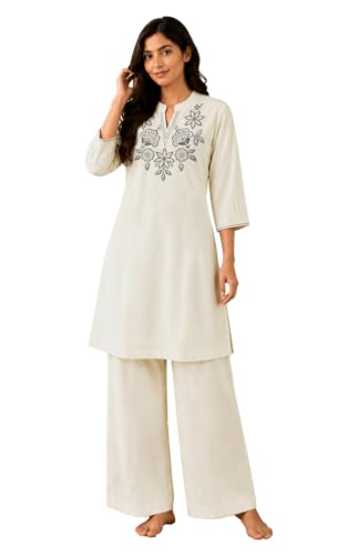 TADKEE Women's Designer Floral Embroidered Cotton Blend Co-Ord Set |Kurta Sets for Woman |Casual, Office