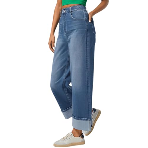 Womens Straight Leg Jeans High Waisted Stretchy Loose Fit Cuffed Boyfriend Denim Sweatpants2