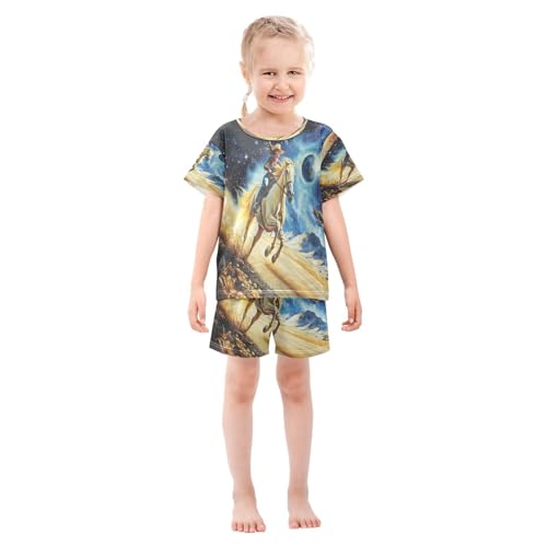 ALAZA Horse Planet Solar System Space Pajamas Set Short Sleeve Cotton Sleepwear Summer Pjs 2 Piece 5-14Y3