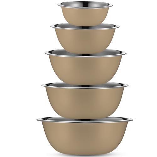 Image of WHYSKO Stainless Steel Mixing Bowls Set, 5-Piece Meal Prep & Food Storage | .75, 1.5, 3, 4 & 5 Quart Metal Mixing Bowls Set for Prep, Serving, Baking & Food Storage, Ecofriendly, Dishwasher Safe, Khaki