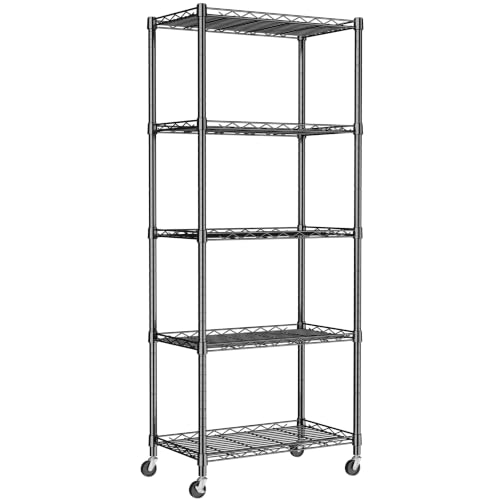 Image of REGILLER 5-Wire Shelving Metal Storage Rack Adjustable Shelves,Standing Storage Shelf Units for Laundry Bathroom Kitchen Pantry Closet(Black,11.8 inch D x 21.2 inch W x 55 inch H,With Wheels)