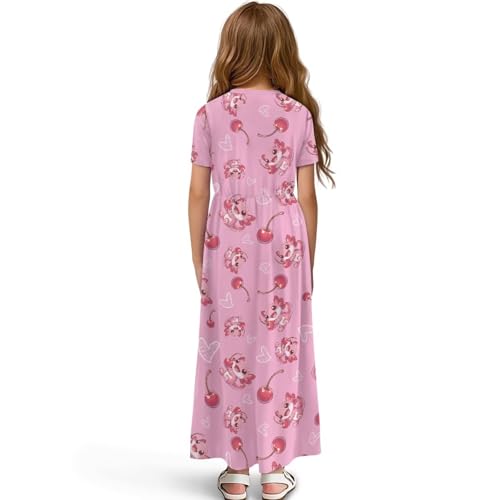 Girl's Short Sleeve Dress Loose Casual Long Maxi Dresses with Pockets Cewneck Pleated Waist A-Line Dress for 5-14Y2