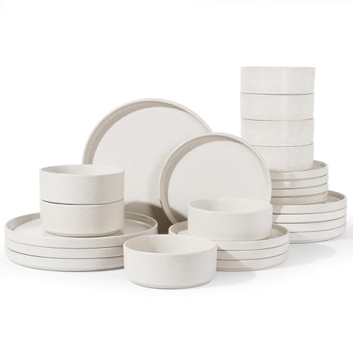Image of Famiware Nebula Plates and Bowls Sets, 24 Pieces Stoneware Dinnerware Sets, Reactive Glaze Dish Set, Dishes Set for 8, Matte Beige White
