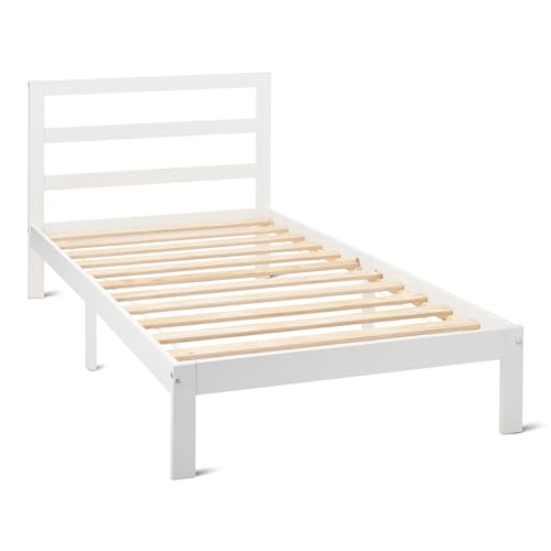 Amazon Basics Estructura Cama de Madera con Cabecero, Madera Maciza de Pino, Incluye Somier, 90 x 200 cm, Blanco