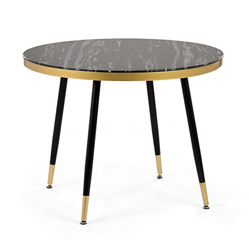 MILENY - Mesa de comedor redonda de cristal templado, aspecto mármol negro y dorado Cover